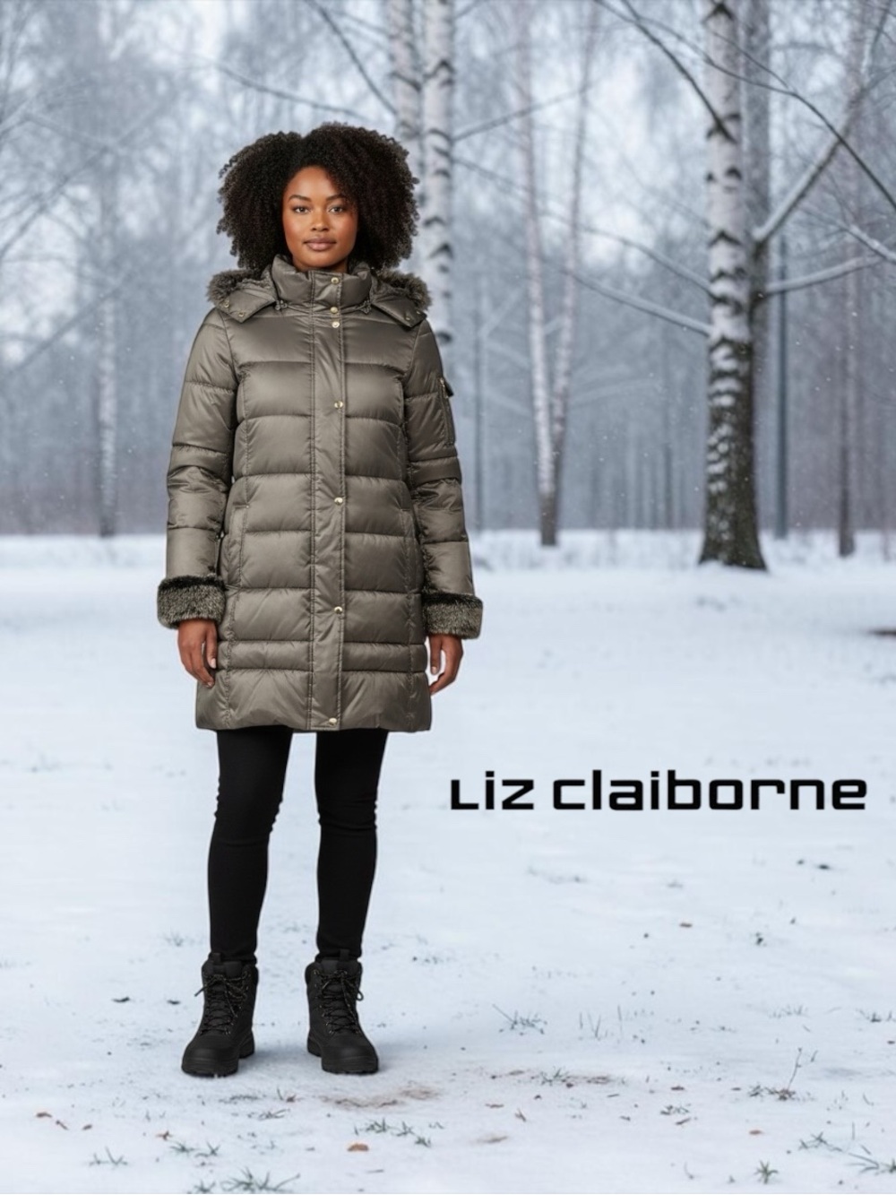 Liz Claiborne, 2X Plus Size, Long Puffer Winter Coat Faux Fur Hood, Gray